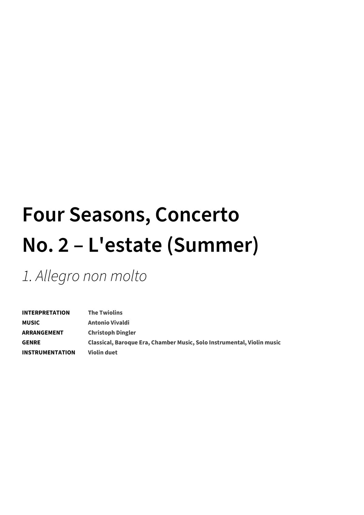Four Seasons, Concerto No. 2 – L'estate (Summer) - Title Page