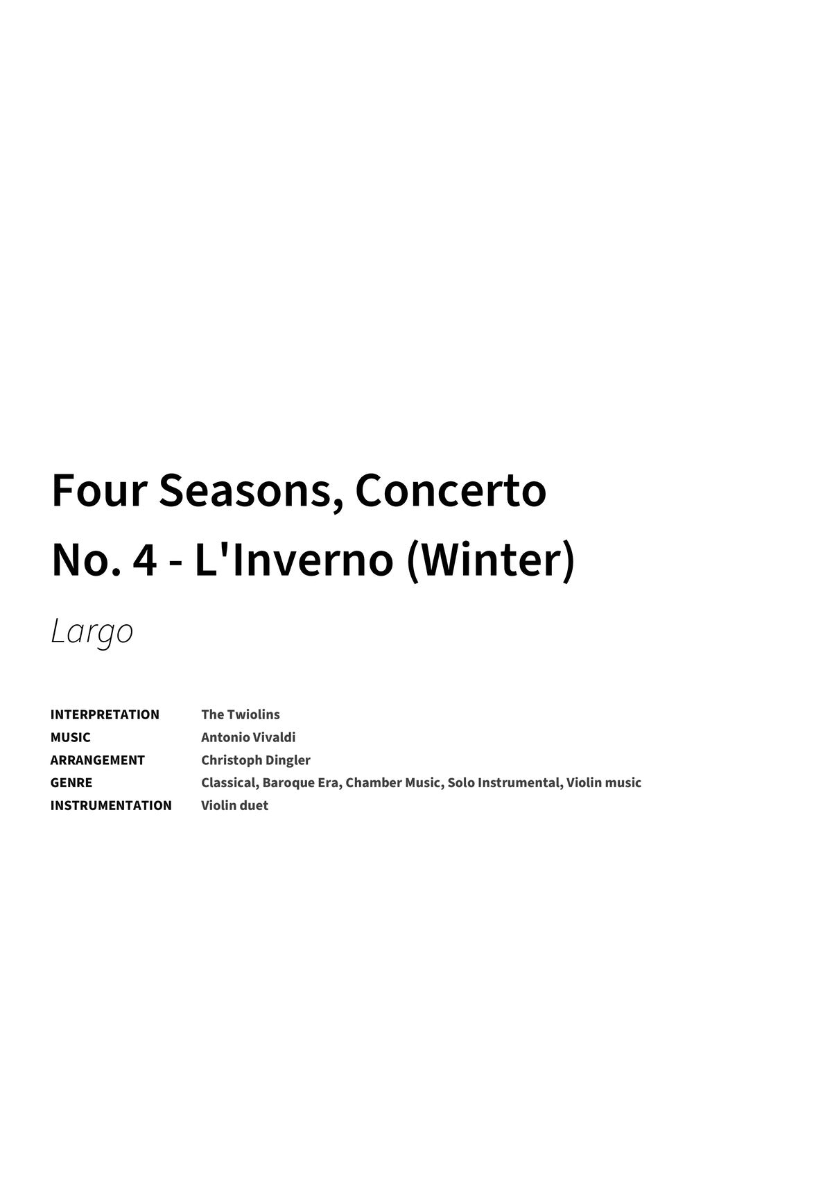 Four Seasons, Concerto No. 4 - L'Inverno (Winter) - Title Page