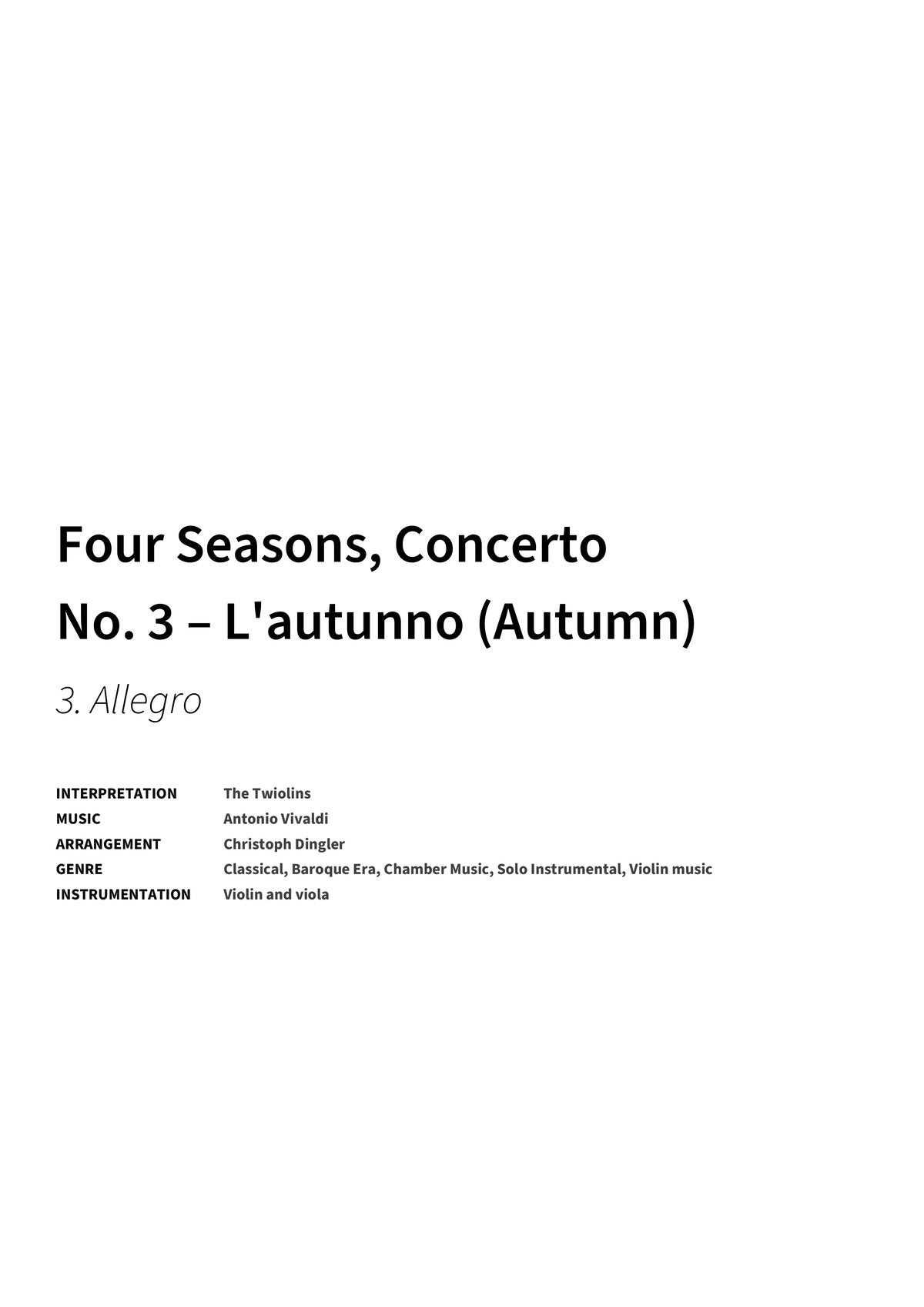 Four Seasons, Concerto No. 3 – L'autunno (Autumn) - Title Page
