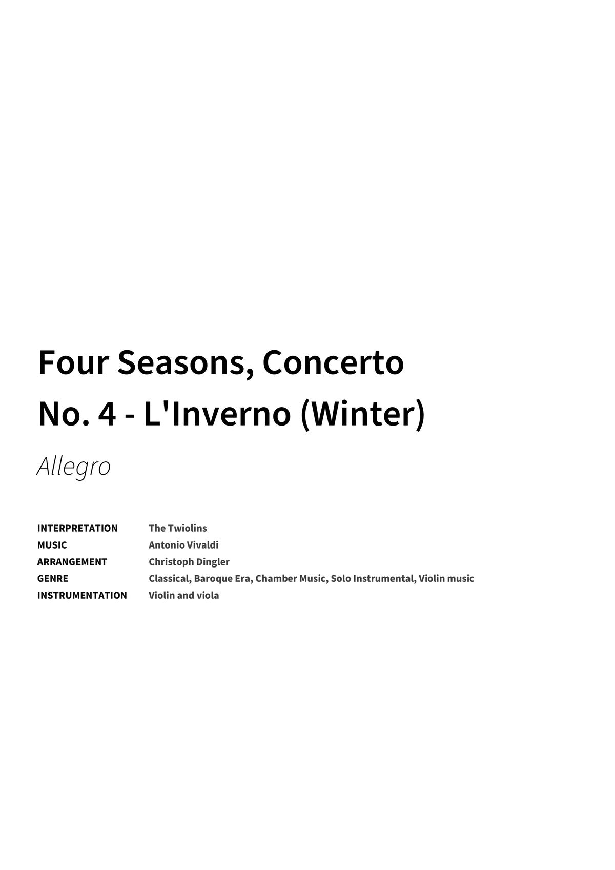 Four Seasons, Concerto No. 4 - L'Inverno (Winter) - Title Page