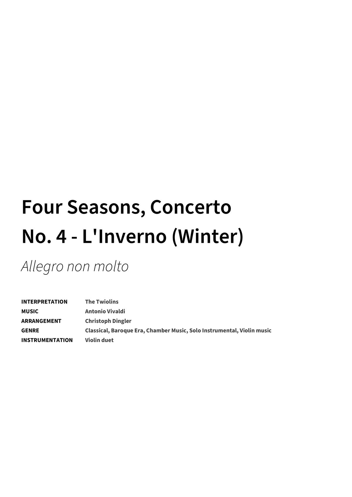 Four Seasons, Concerto No. 4 - L'Inverno (Winter) - Title Page