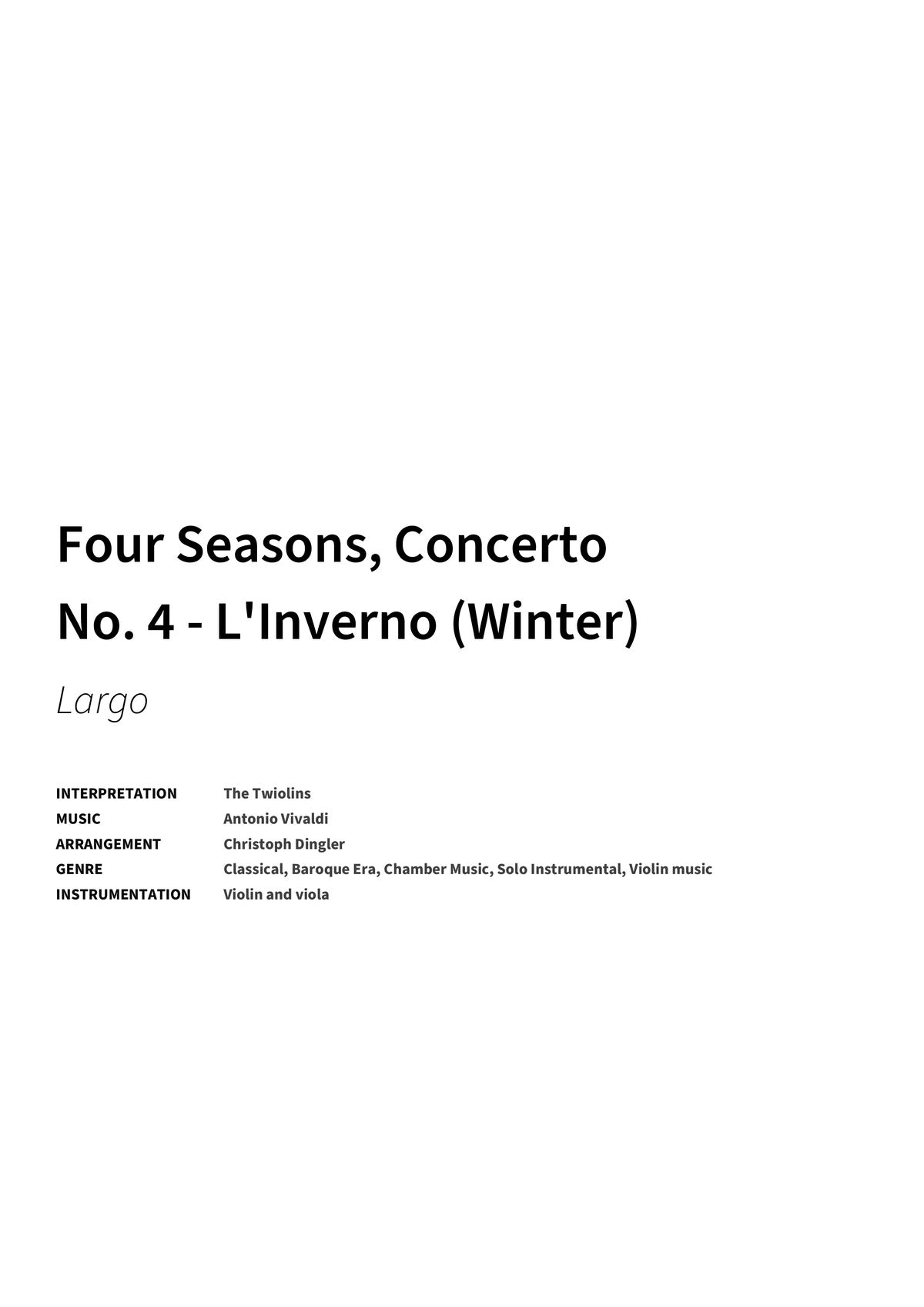 Four Seasons, Concerto No. 4 - L'Inverno (Winter) - Title Page