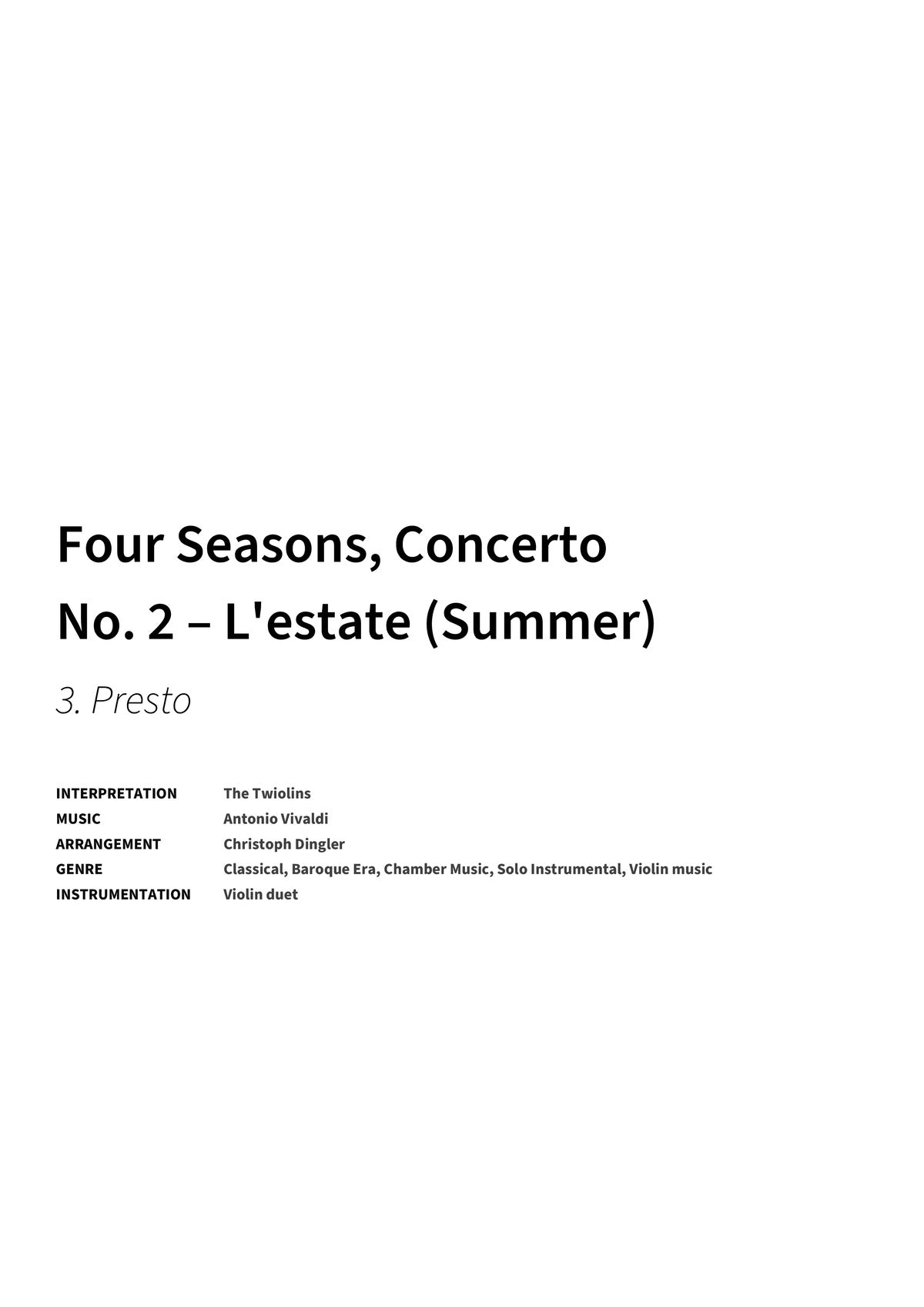 Four Seasons, Concerto No. 2 – L'estate (Summer) - Title Page
