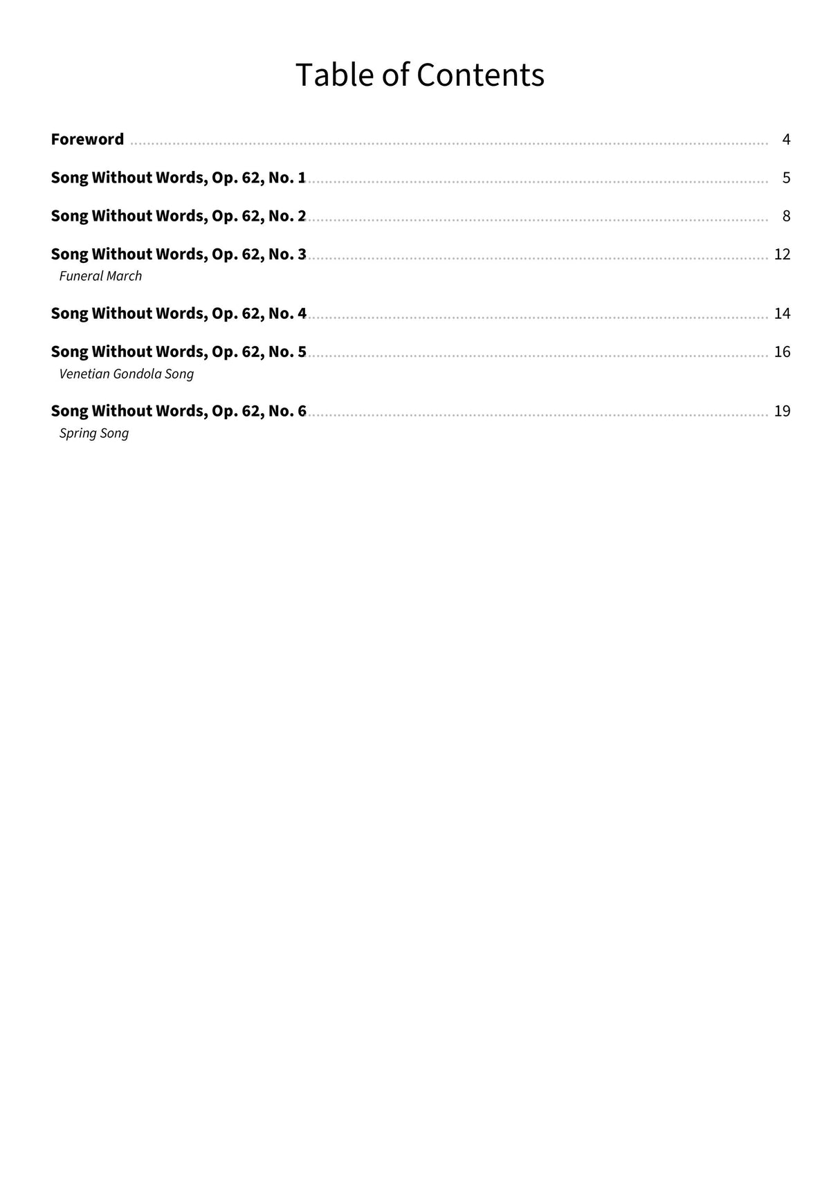 Songs Without Words Op. 62 - TOC