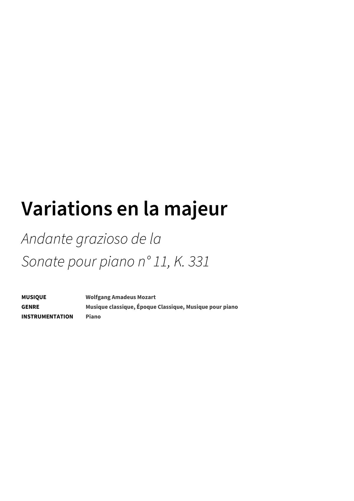 Variations en la majeur - Title Page