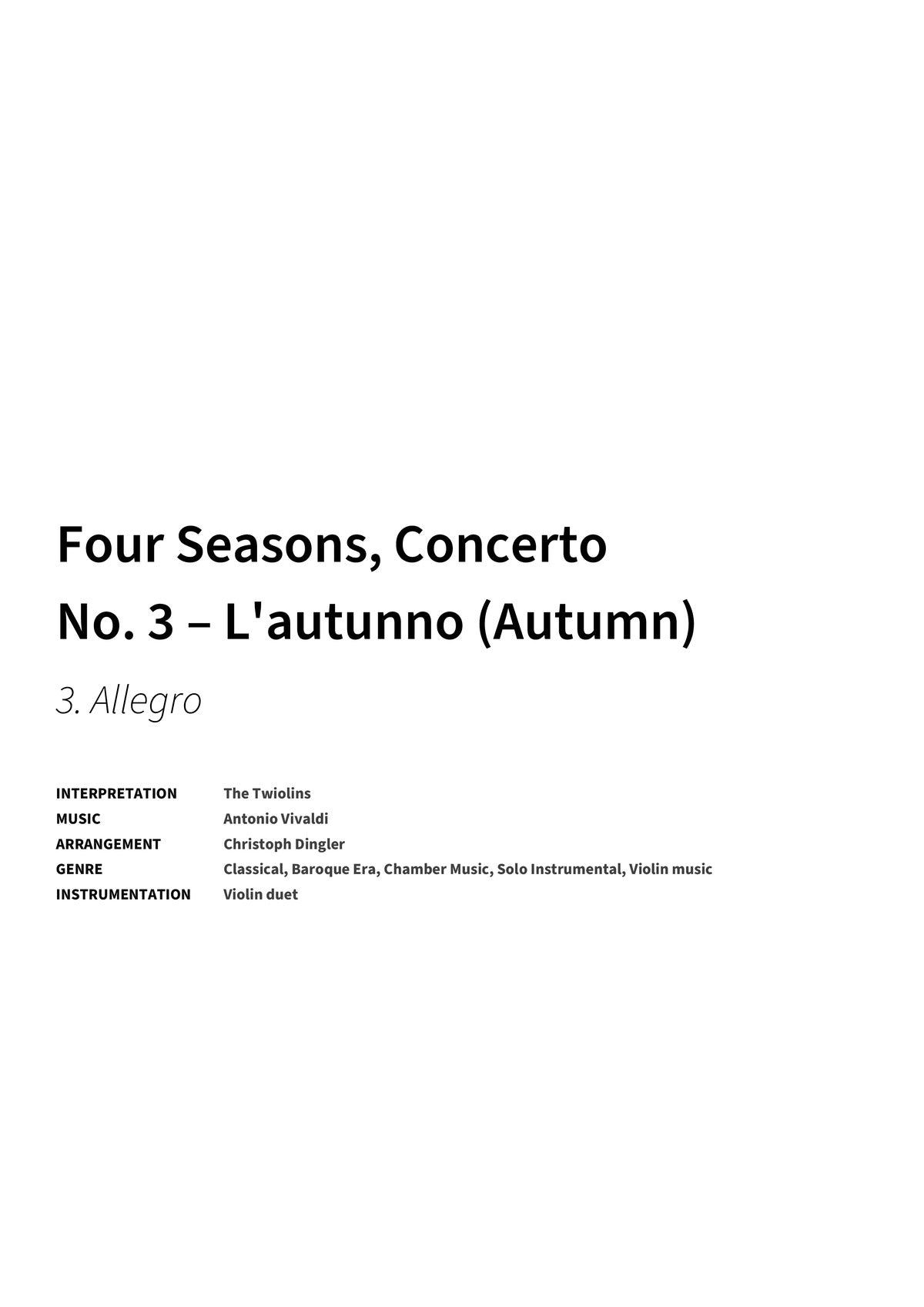 Four Seasons, Concerto No. 3 – L'autunno (Autumn) - Title Page
