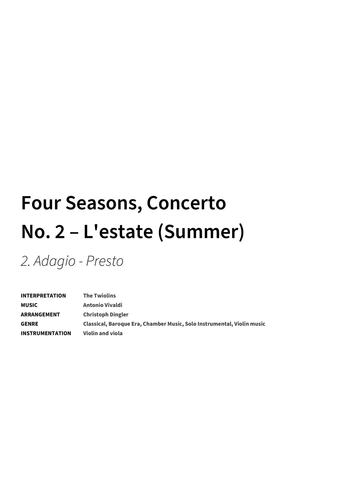 Four Seasons, Concerto No. 2 – L'estate (Summer) - Title Page
