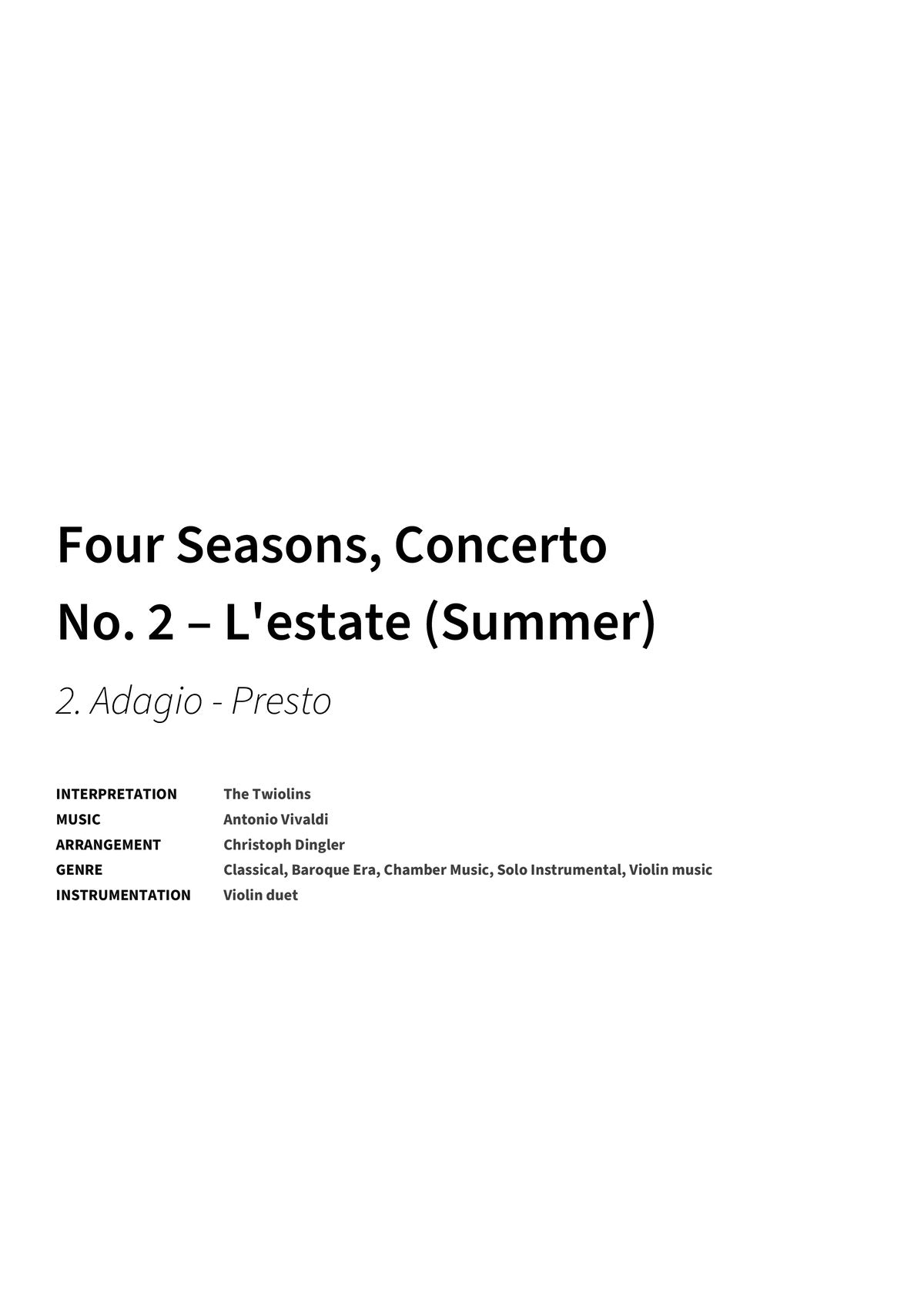 Four Seasons, Concerto No. 2 – L'estate (Summer) - Title Page